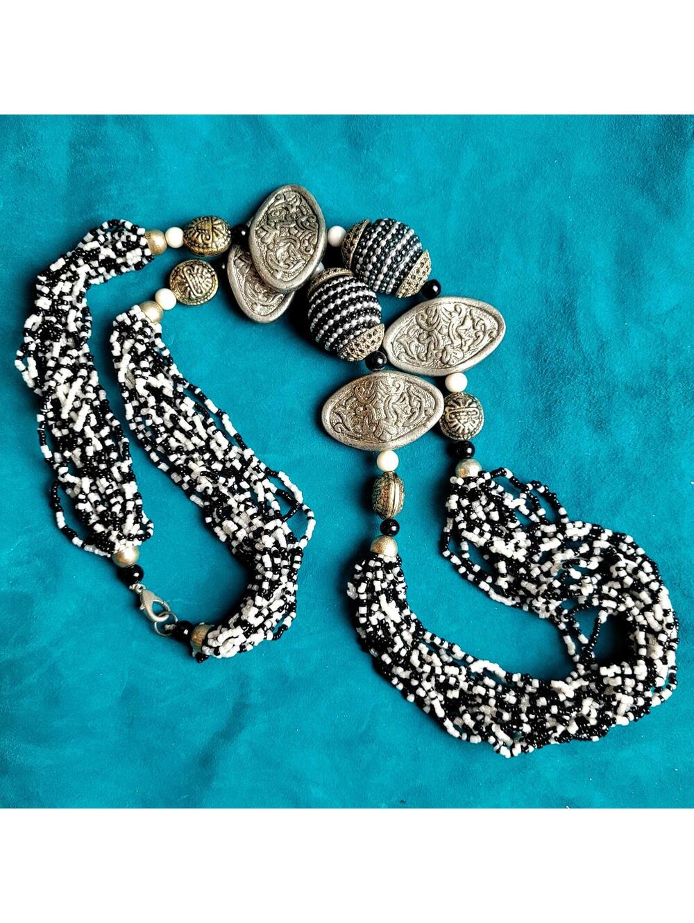 Black White Beaded Multi-Strand Statement Necklace Ornate Silver Tone Accents